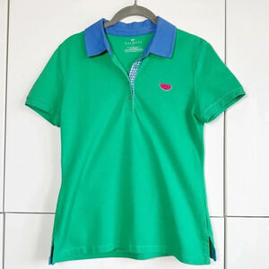 Talbots Watermelon Polo Shirt Size Small Green Embroidered Gingham Trim